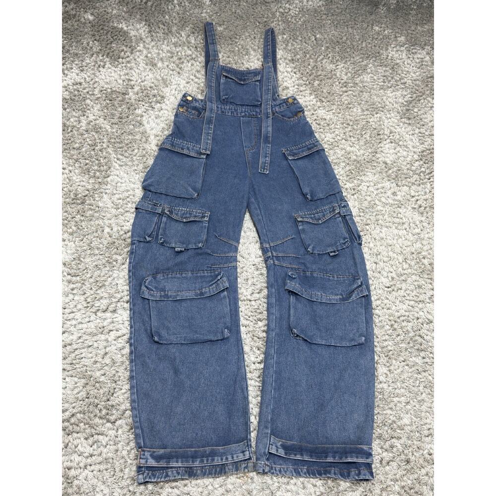 N.1LA Women’s Barrel Leg Denim Overalls Size M Y2K Cargo Jeans Multi Pocket